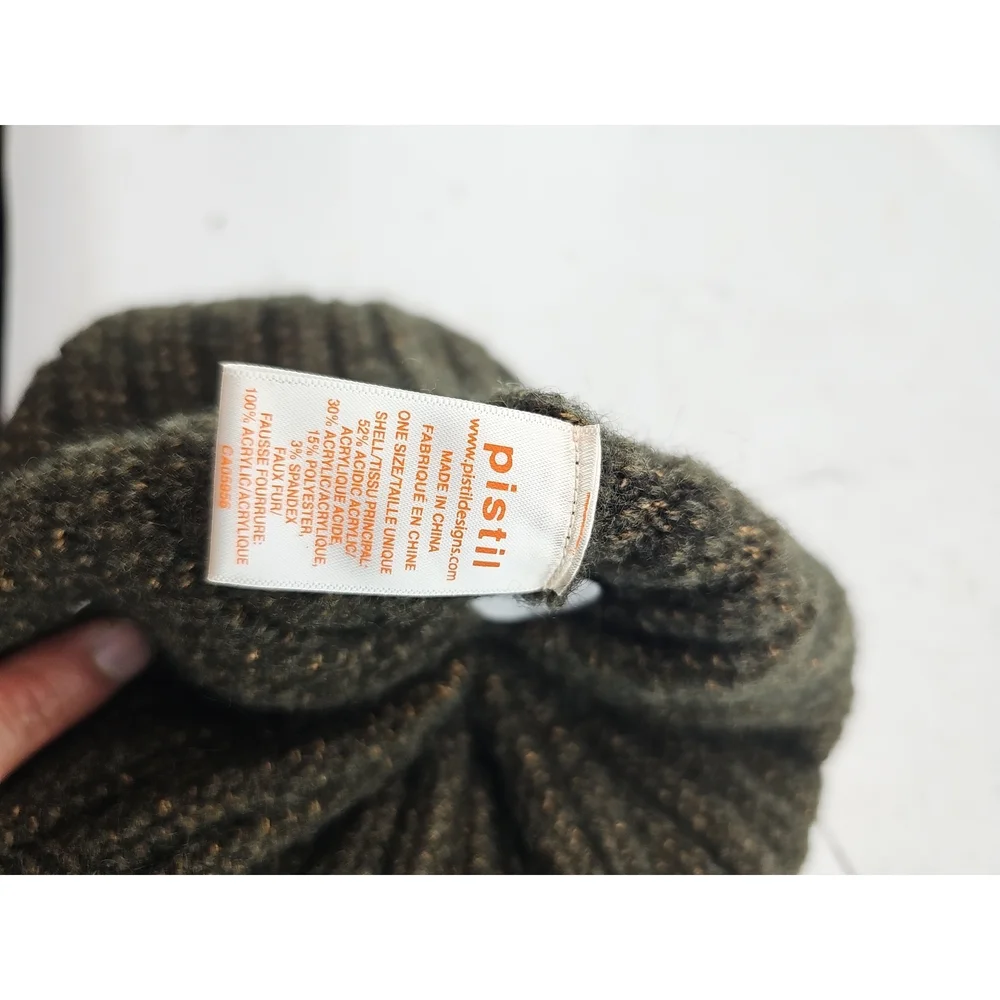 Pistil Piper Olive Green Ribbed Beanie with Faux Fur Pom